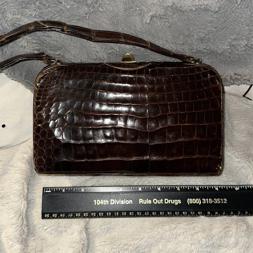 Very Authentic Crocodile Satchel Purse with Antique Gold Color Clasp & Hardware